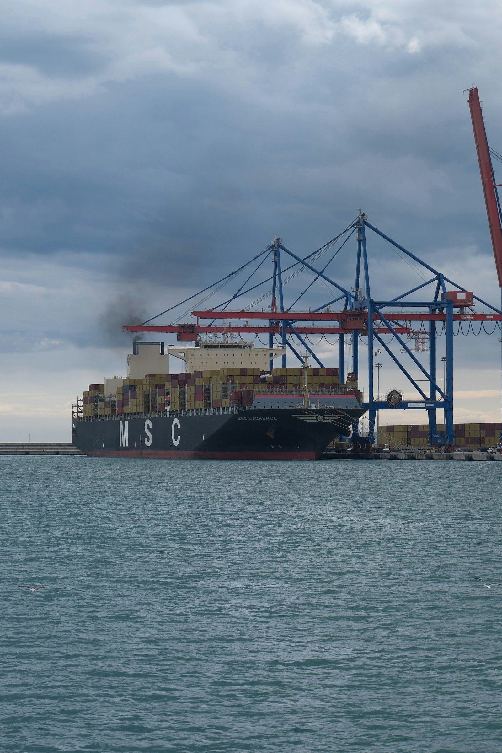 Container vessel docked beneath cargo cranes